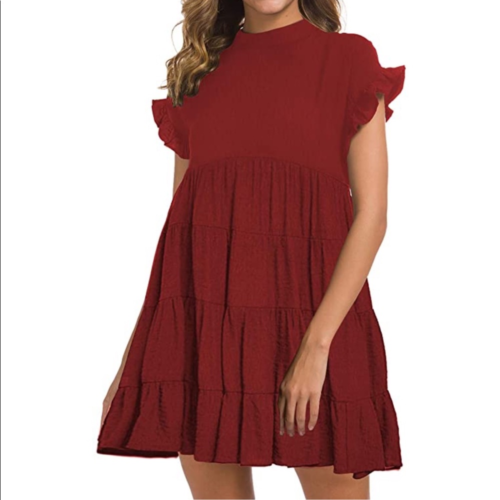 Burgundy tiered babydoll dress with ruffle sleeves
